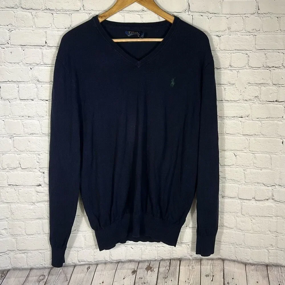 Polo Ralph Lauren Pima Cotton Mens  Vneck Sweater size L Large‎ Navy Blue